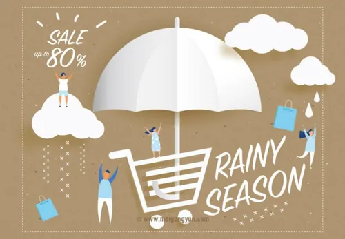 雨季促销剪纸风格矢量海报Rainy Season Sale