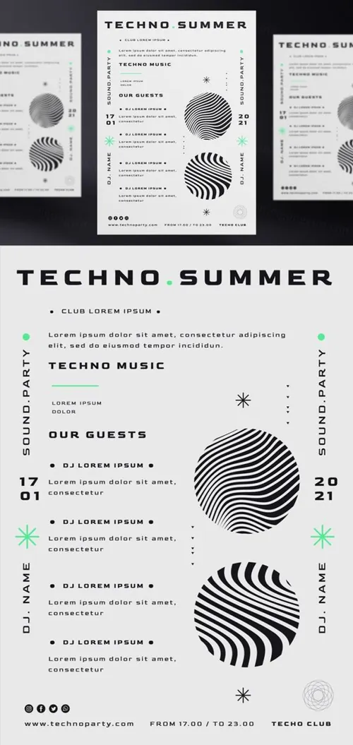 黑白系电音节抽象概念音乐海报传单PSD模板 Techno music festival poster template
