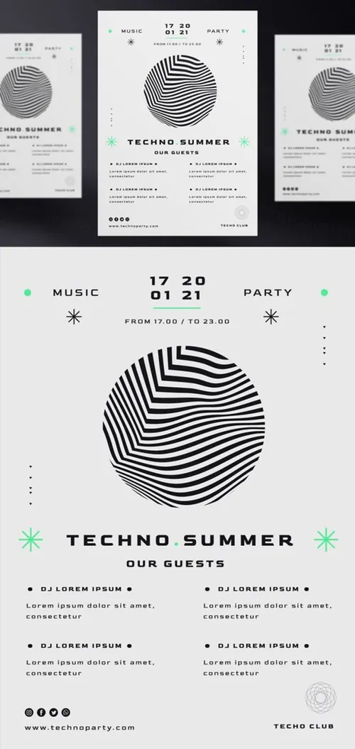 黑白系电音节抽象概念音乐海报传单PSD模板 Techno music festival poster template