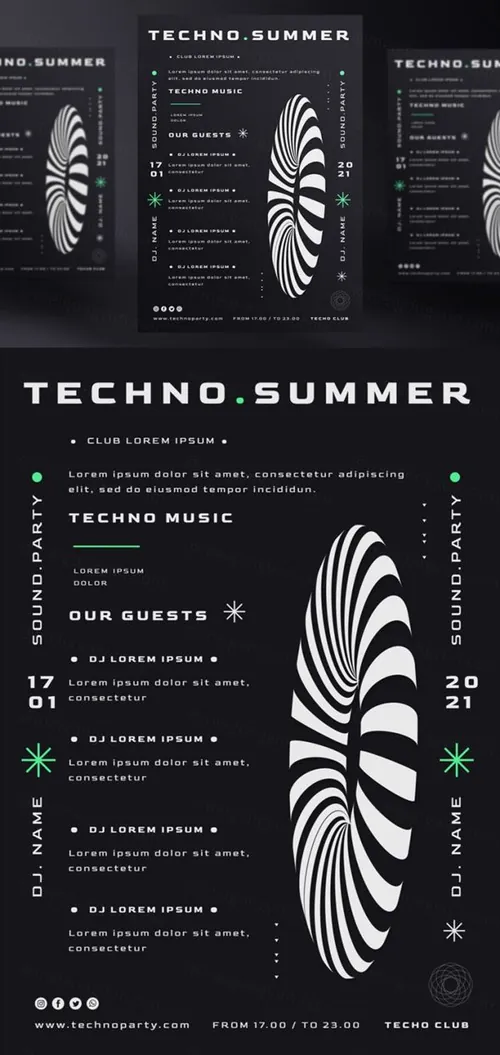 黑白系电音节抽象概念音乐海报传单PSD模板 Techno music festival poster template