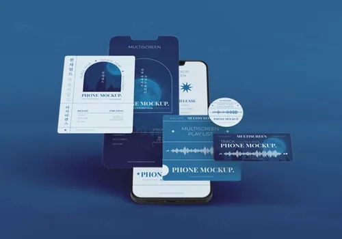 手机多屏悬浮展示UI界面APP设计提案样机PSD模板 Phone multiscreen gravity mockup