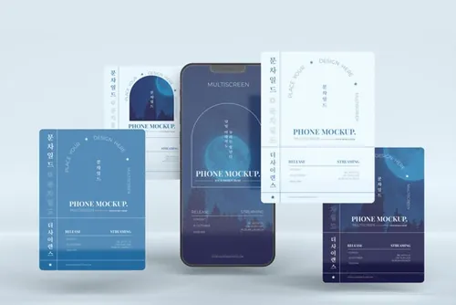 手机多屏悬浮展示UI界面APP设计提案样机PSD模板 Phone multiscreen gravity mockup