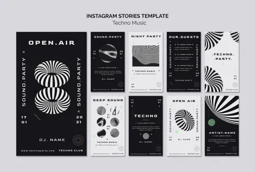 黑白系电音节抽象概念音乐海报传单PSD模板 Techno music festival poster template