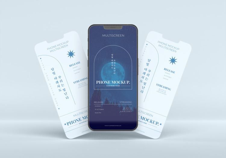 手机多屏悬浮展示UI界面APP设计提案样机PSD模板 Phone multiscreen gravity mockup