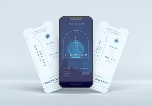 手机多屏悬浮展示UI界面APP设计提案样机PSD模板 Phone multiscreen gravity mockup