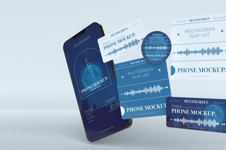 手机多屏悬浮展示UI界面APP设计提案样机PSD模板 Phone multiscreen gravity mockup