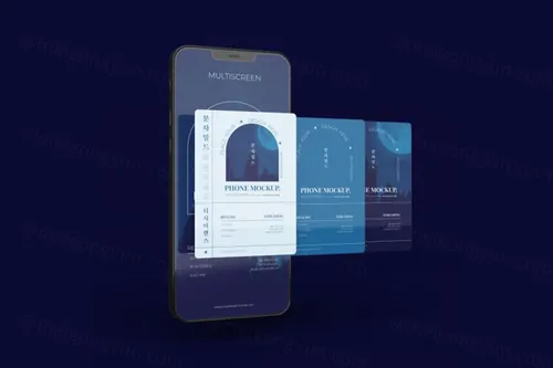 手机多屏悬浮展示UI界面APP设计提案样机PSD模板 Phone multiscreen gravity mockup