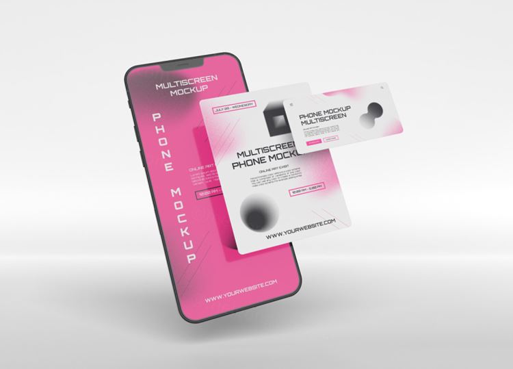 手机多屏悬浮展示UI界面APP设计提案样机PSD模板 Phone multiscreen gravity mockup