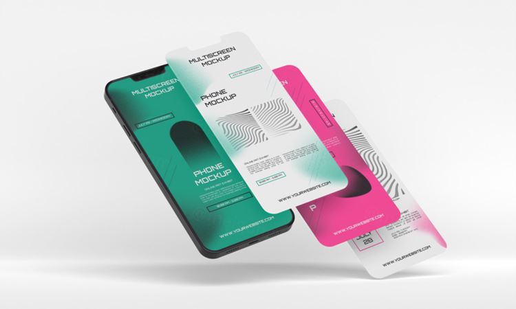 手机多屏悬浮展示UI界面APP设计提案样机PSD模板 Phone multiscreen gravity mockup