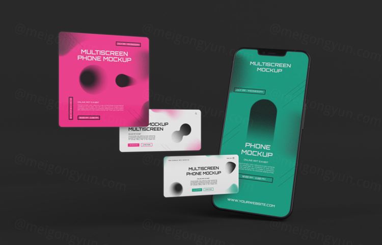 手机多屏悬浮展示UI界面APP设计提案样机PSD模板 Phone multiscreen gravity mockup