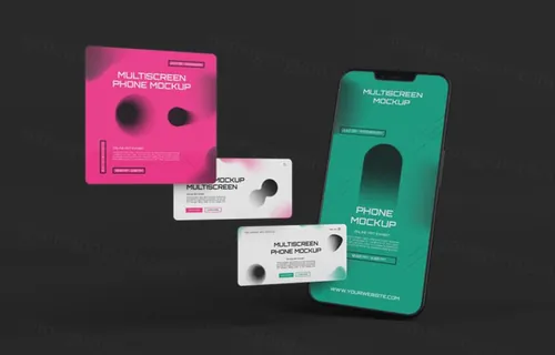 手机多屏悬浮展示UI界面APP设计提案样机PSD模板 Phone multiscreen gravity mockup