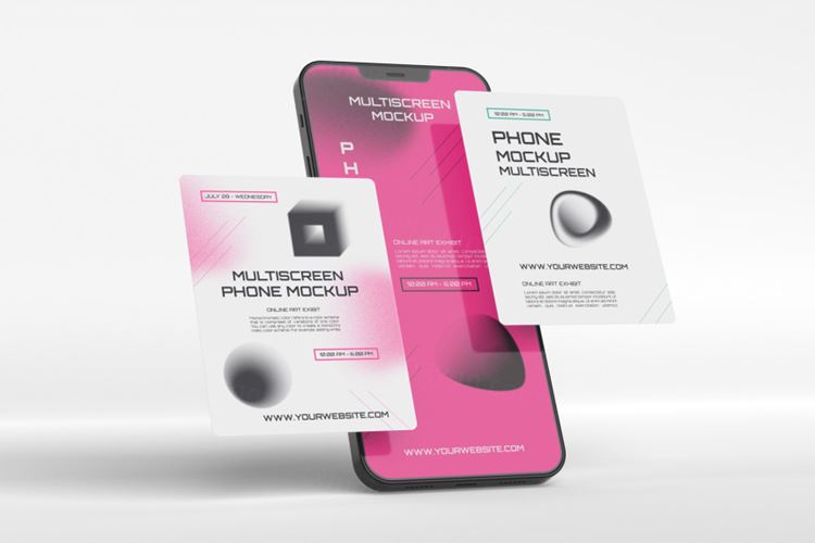 手机多屏悬浮展示UI界面APP设计提案样机PSD模板 Phone multiscreen gravity mockup