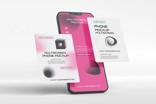 手机多屏悬浮展示UI界面APP设计提案样机PSD模板 Phone multiscreen gravity mockup