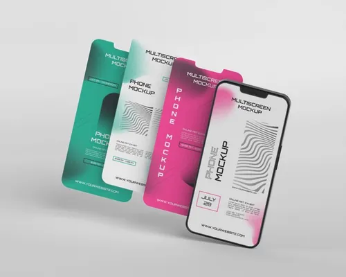 手机多屏悬浮展示UI界面APP设计提案样机PSD模板 Phone multiscreen gravity mockup