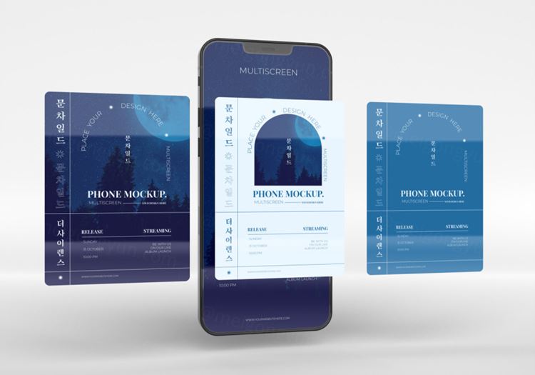 手机多屏悬浮展示UI界面APP设计提案样机PSD模板 Phone multiscreen gravity mockup