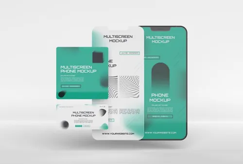 手机多屏悬浮展示UI界面APP设计提案样机PSD模板 Phone multiscreen gravity mockup