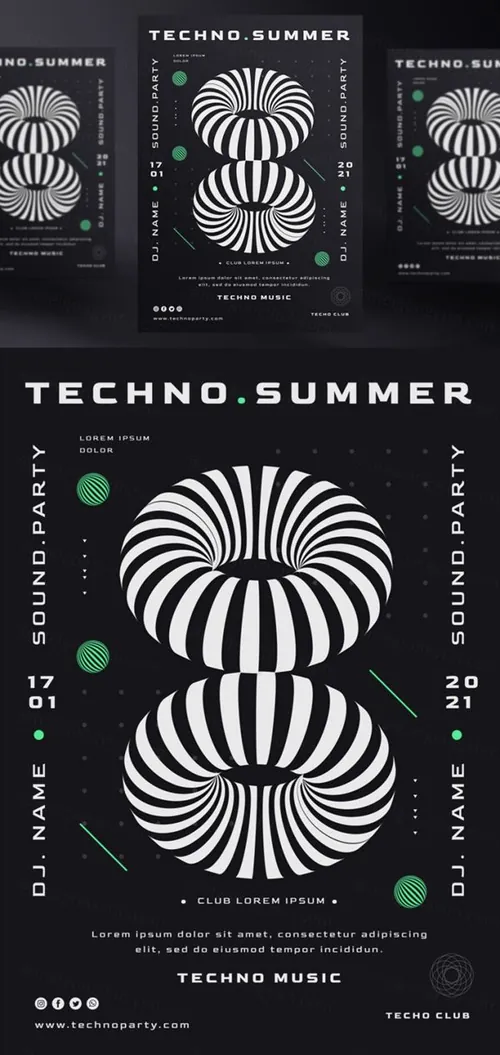 黑白系电音节抽象概念音乐海报传单PSD模板 Techno music festival poster template
