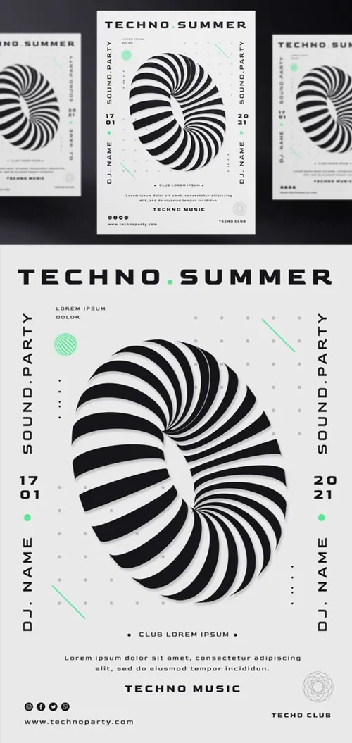 黑白系电音节抽象概念音乐海报传单PSD模板 Techno music festival poster template