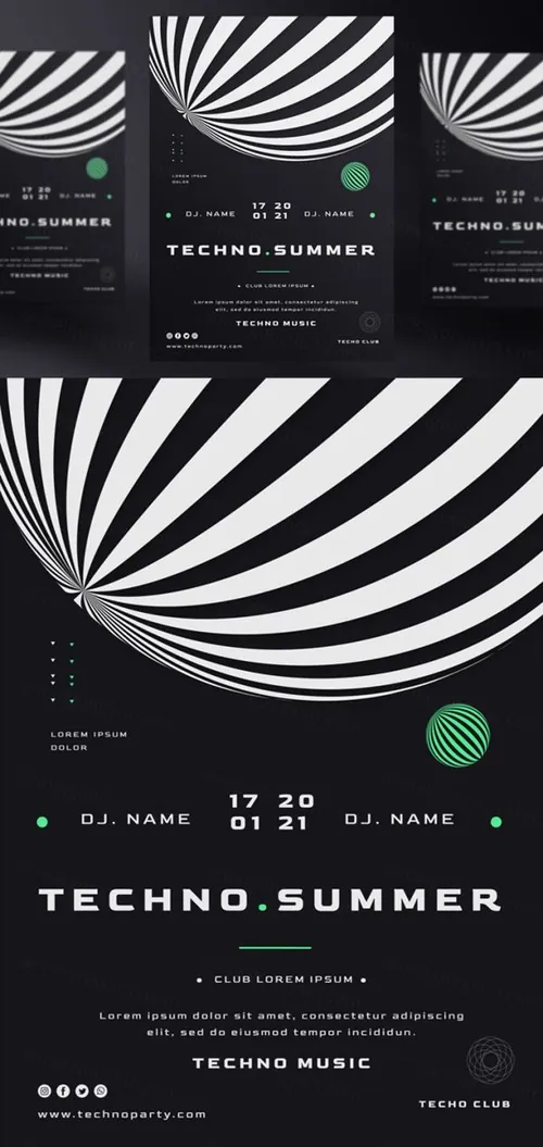 黑白系电音节抽象概念音乐海报传单PSD模板 Techno music festival poster template