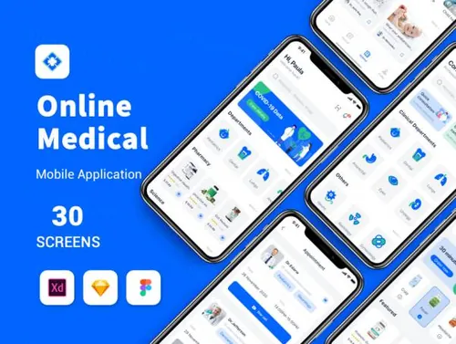 蓝色医疗医院在线挂号预约服务移动APP界面UI素材 Blue onli