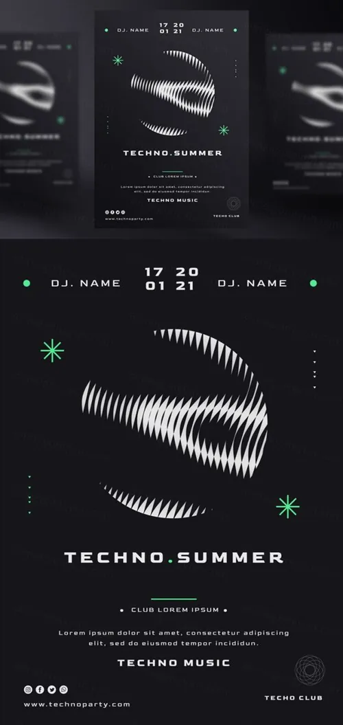 黑白系电音节抽象概念音乐海报传单PSD模板 Techno music festival poster template