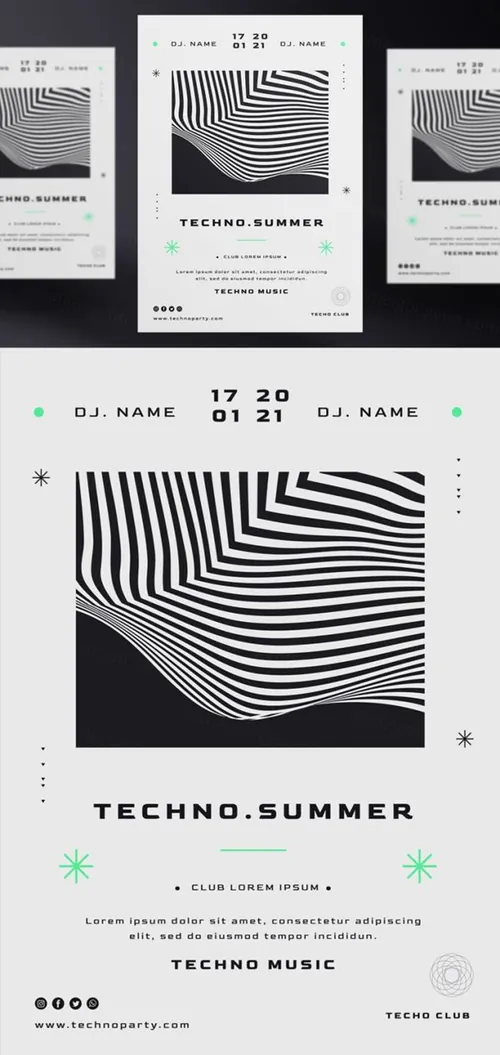 黑白系电音节抽象概念音乐海报传单PSD模板 Techno music festival poster template