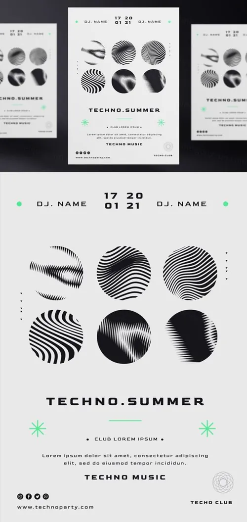 黑白系电音节抽象概念音乐海报传单PSD模板 Techno music festival poster template