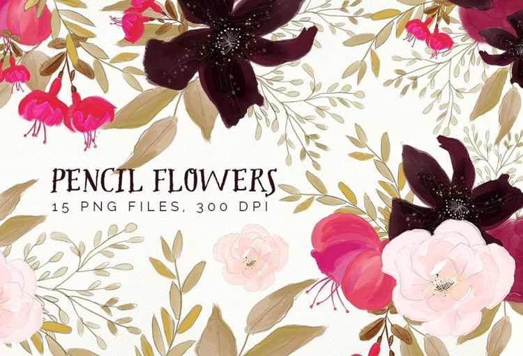 铅笔手工制作花卉PNG免扣剪贴画素材 Pencil Flow