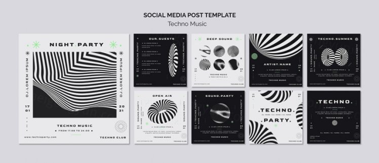 黑白系电音节抽象概念音乐海报传单PSD模板 Techno music festival poster template