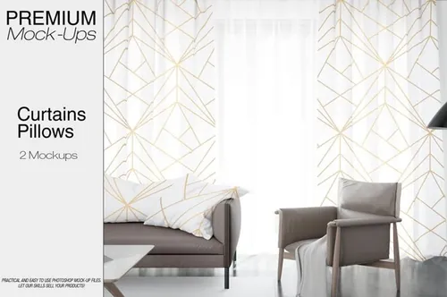 清新、简约的枕头抱枕和窗帘样机模板Pillows and Curtains Mockup