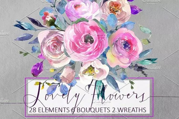 粉红水彩花卉设计素材 Pink Watercolor Flo