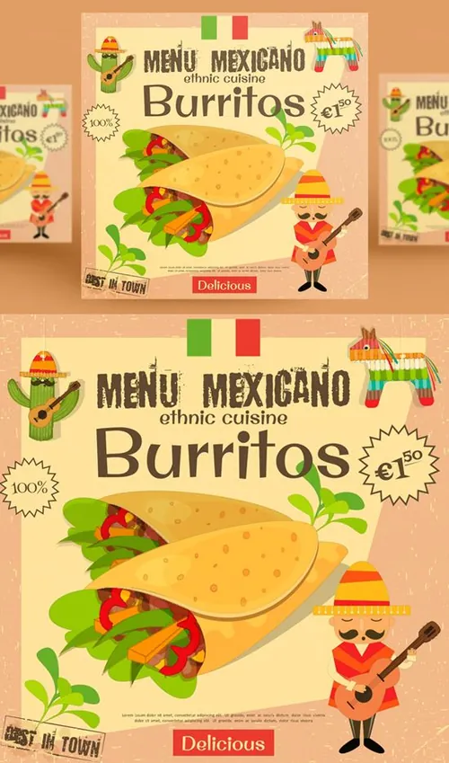 古典风格墨西哥传统食品卷饼菜单矢量插图设计素材Mexican Burritos Menu