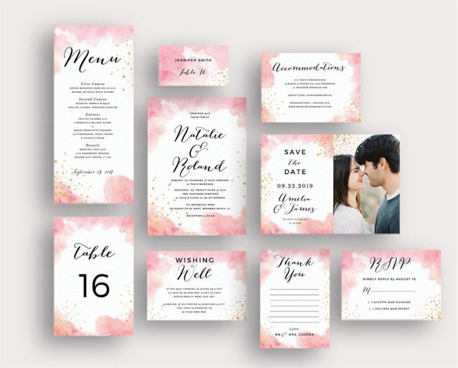 桃红色水彩婚礼邀请物料设计套装 Peach Watercolor Gold Splashes