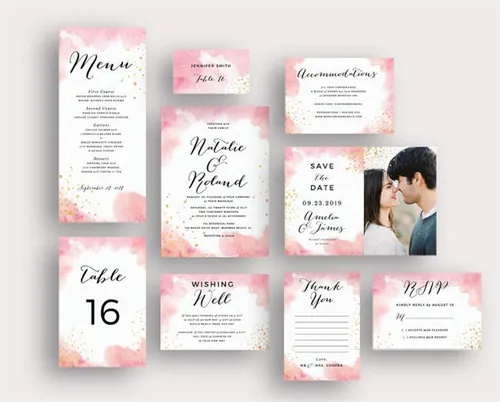 桃红色水彩婚礼邀请物料设计套装 Peach Watercolor Gold Splashes