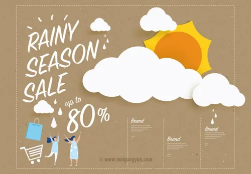 雨季促销剪纸风格矢量海报Rainy Season Sale