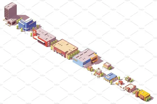 矢量低聚建筑楼房图标Vector low poly isometric stores and restaurants