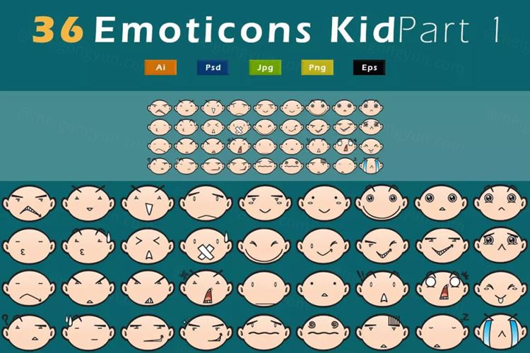 36个可爱多用途儿童表情大集合-AI，EPS，JPG，PSD，PNG