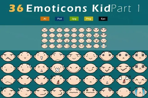 36个可爱多用途儿童表情大集合-AI，EPS，JPG，PSD，PNG