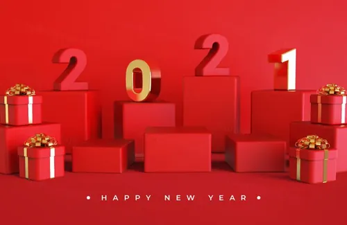 2021新年快乐元旦红色促销金色3D渲染合成场景海报素材 Happy new year 2021