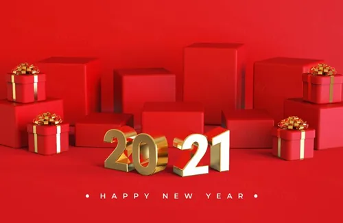 2021新年快乐元旦红色促销金色3D渲染合成场景海报素材 Happy new year 2021