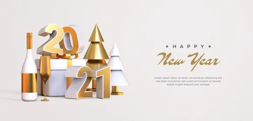2021新年快乐元旦促销金色3D渲染合成场景海报素材 Happy new year 2021