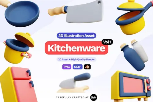 三维渲染炸锅微波炉烤箱冰箱厨房主题3D图标插画素材 3D K