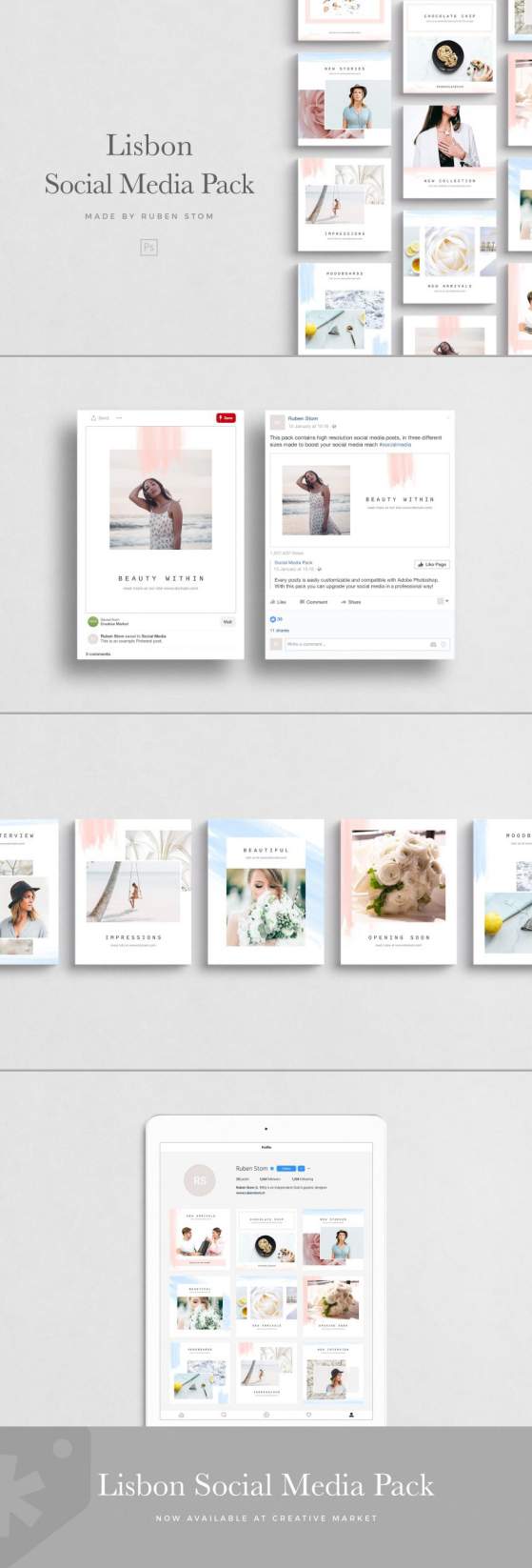 清新淡雅的水彩社交媒体排版设计模板 Lisbon Social Media Pa