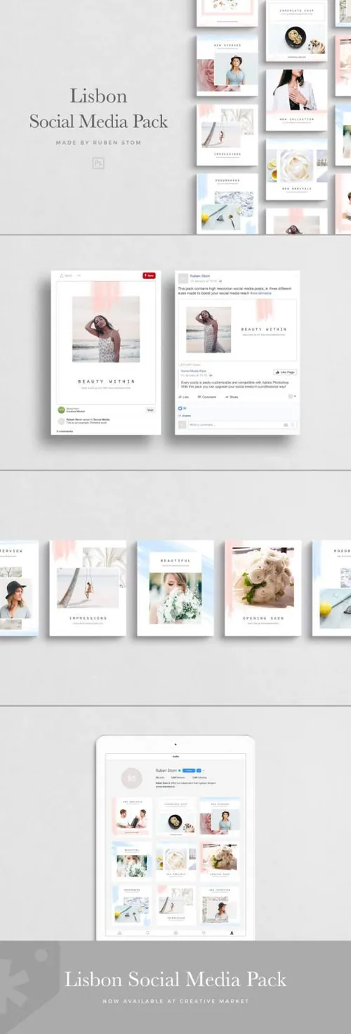 清新淡雅的水彩社交媒体排版设计模板 Lisbon Social Media Pa