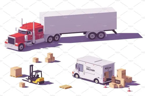 矢量运输货物卡车图标Vector low poly trucks and forklift