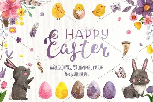 西方复活节春天水彩手绘剪贴画装饰素材 Easter. Wat