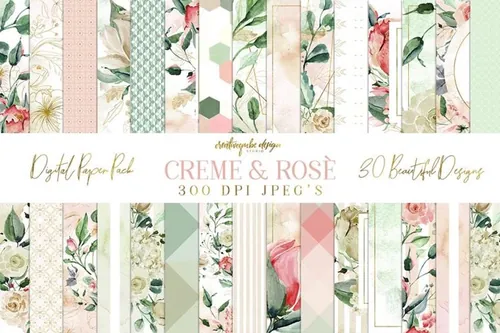 玫瑰手绘水彩数码纸Creme and Rose