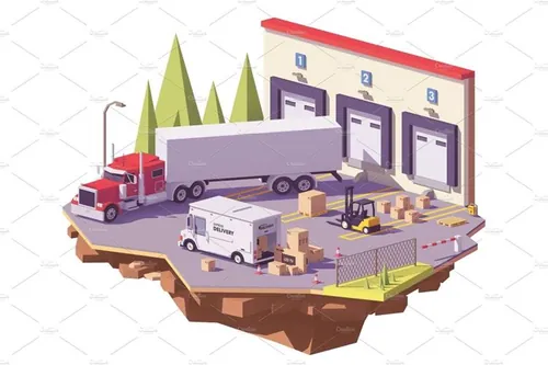 矢量低聚仓库和卡车图标Vector low poly warehouse