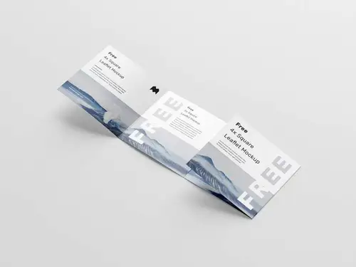 正方形四折页传单宣传册设计提案展示样机模板 Square 4-Fold Leaflet M