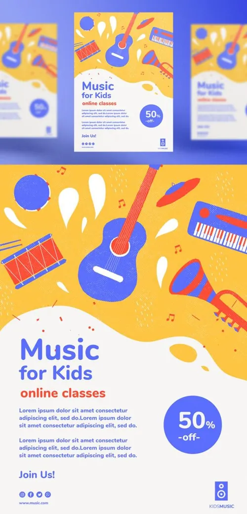 儿童音乐培训班兴趣班新媒体宣传海报模板 Kids music platform landing page template